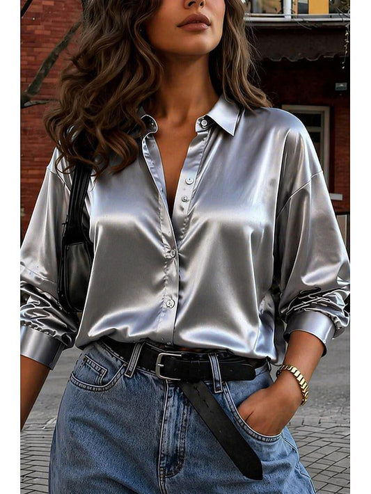 Women's Shirt Satin Top Blouse Dressy Tops Ruched Buttons