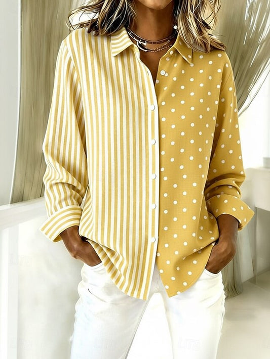 Women's Shirt Faux Cotton Linen Buttons Print Striped