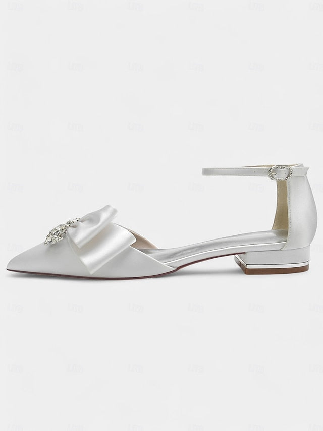 Rhinestone Satin Pointed-Toe Ankle White and Heels with Bow