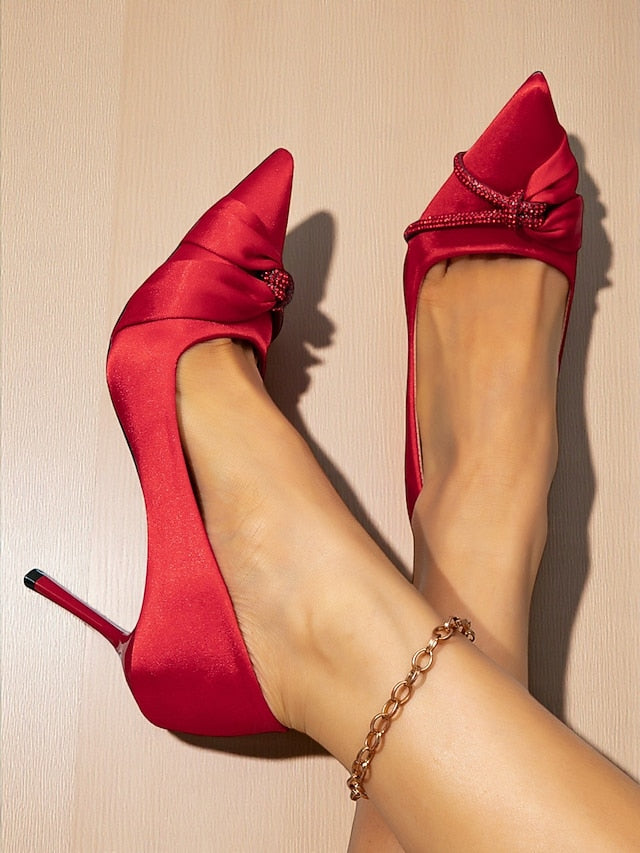 Heels Satin Stiletto Pointed with Red Women's Toe