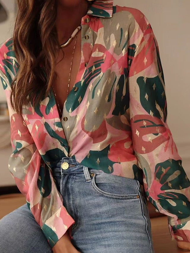 Women's Shirt Pocket Buttons Print Floral Bohemia Stylish