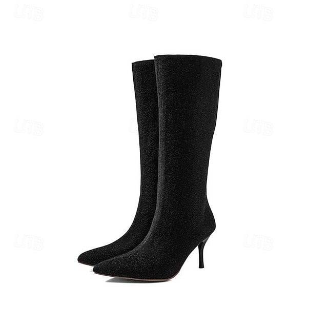 – Women's Elegant Stiletto Sparkly Knee-High Boots