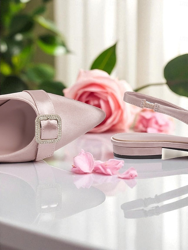 Rhinestone Flats Satin Pink with Slingback Buckle Women's