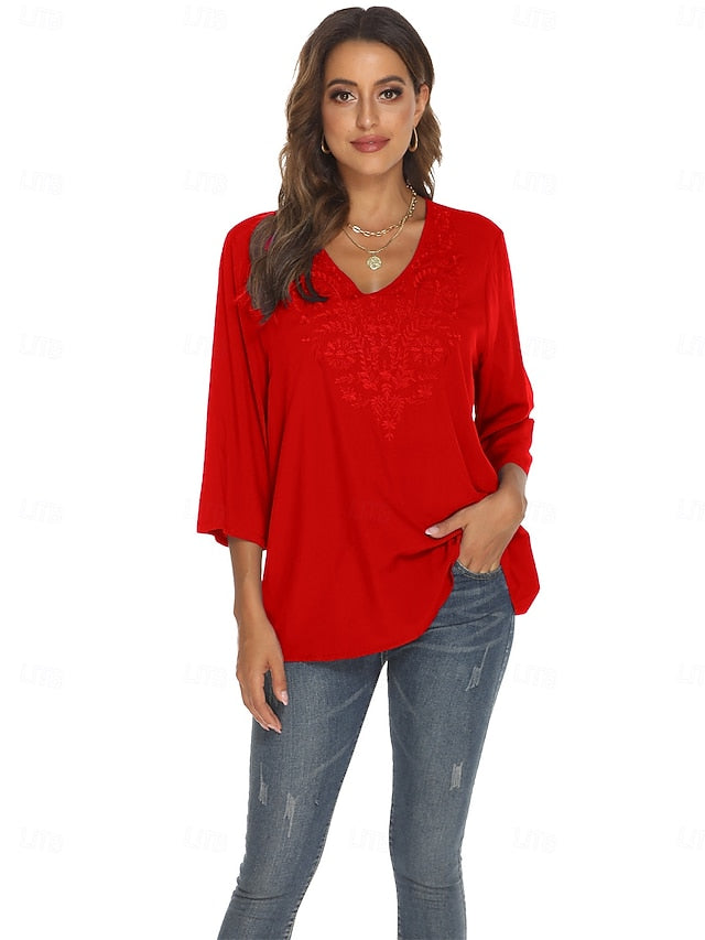 Women's Boho Shirt Embroidered Floral Bohemia Casual 3/4