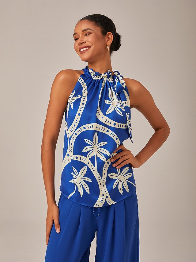 Geometric Print Sleeveless Top with Ruffle Tie Neck