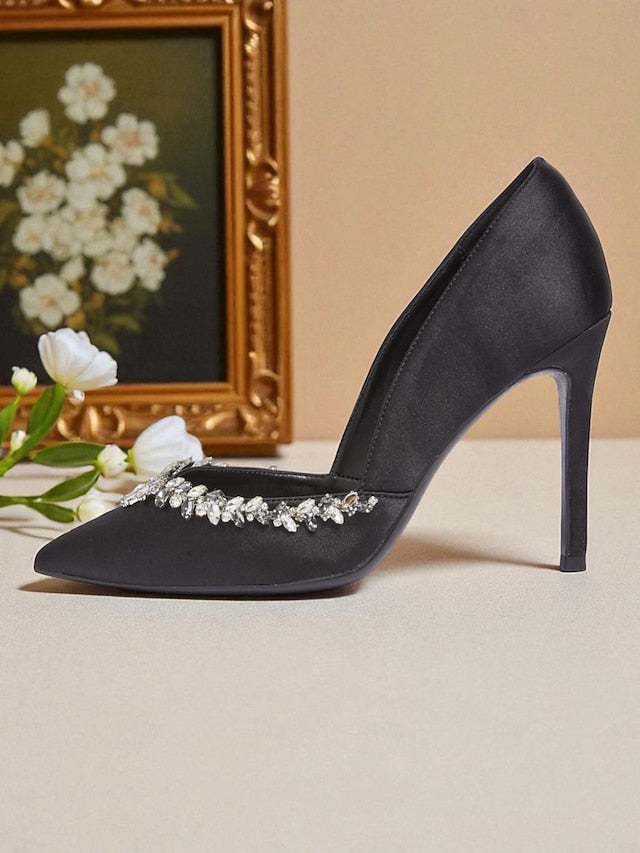 Embellishment Pointed Toe with Satin Women's Crystal Heels