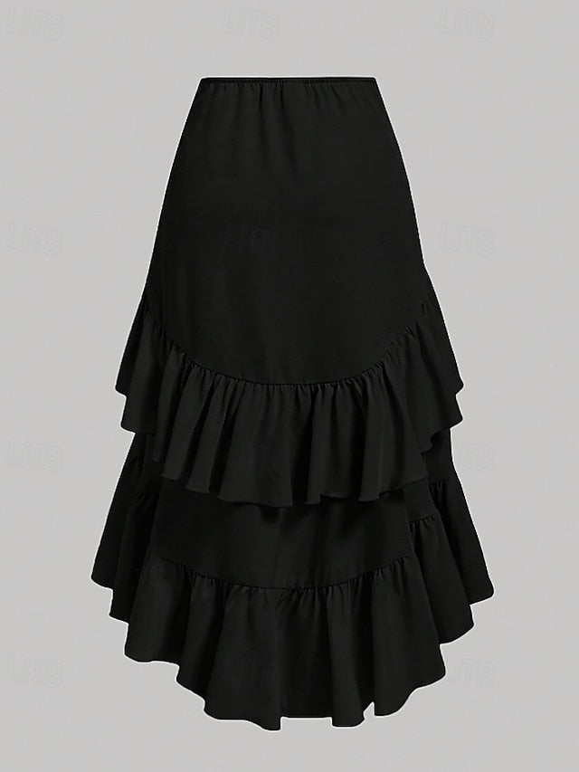 Women's Cute Casual Maxi Mid Rise Skirts Plain Ruffle Print