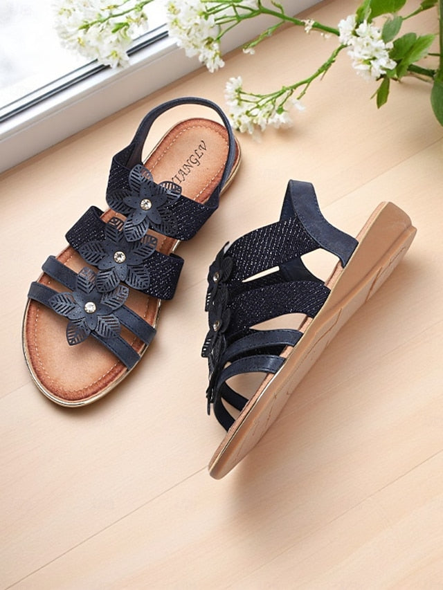 Sandals Elegant Beige – Flat Rhinestone Women's Floral