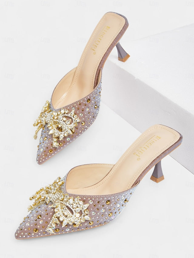 Glitter Slip-On Rhinestone Mules Women's Toe - Pointed