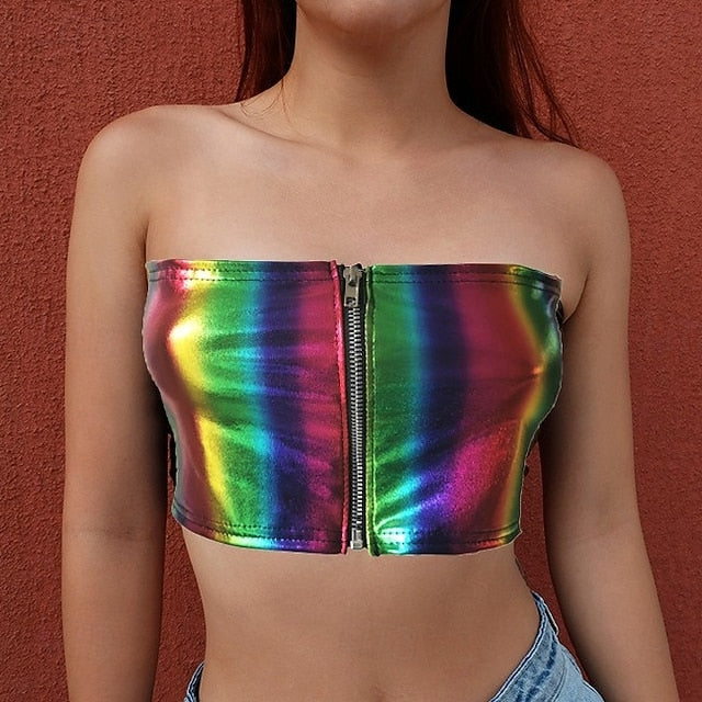 Retro Vintage 1980s Tube Top Disco Shiny Latex Patent Metallic