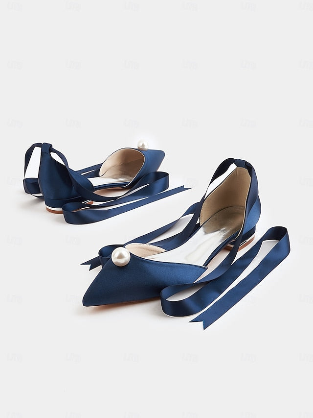 Pointed Toe Embellished Navy - Women's Pearl Satin Flats