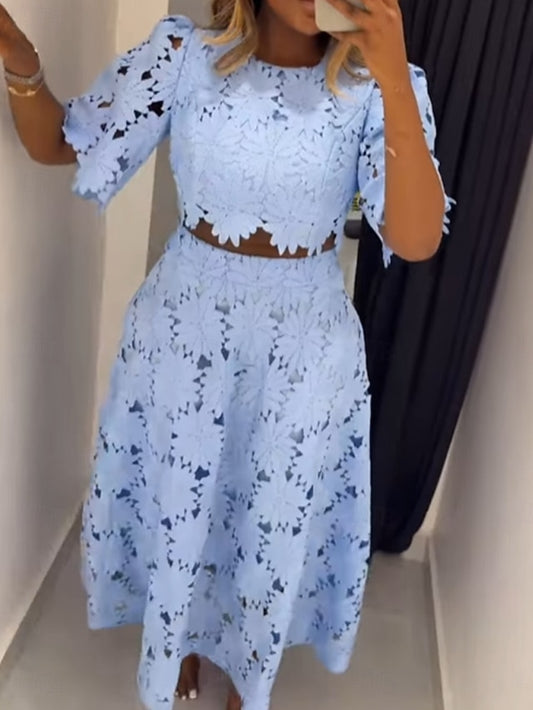 Women's Skirt Sets Short Sleeve Round Neck Plain Hole