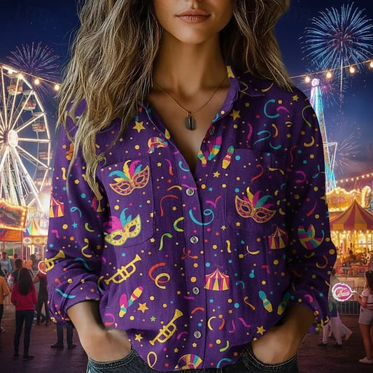 Carnival Mardi Gras Women's Shirt Boho Shirt Buttons Print