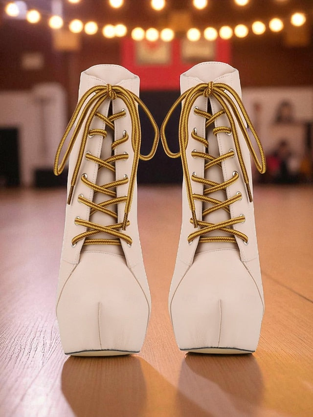 - Ankle Lace-Up Boots Leather Women's Beige Faux Platform