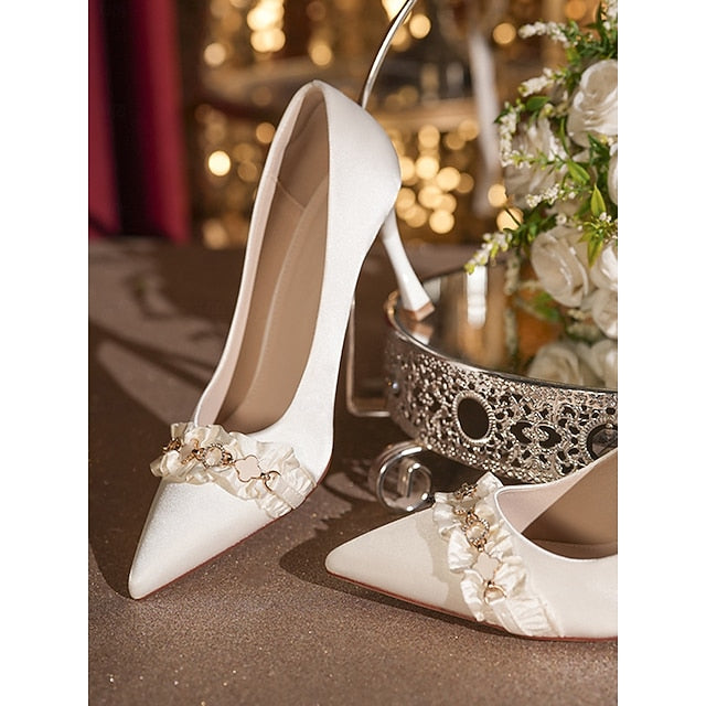 with Heel White Pumps Toe Ruffle High Women's Satin Pointed