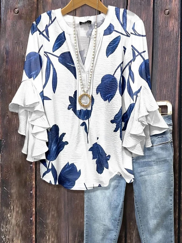 Women's Shirt Ruffle Print Floral Stylish Modern 3/4 Length