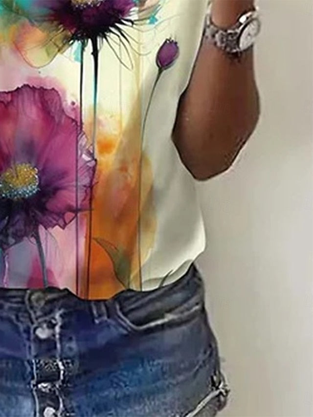 Women's T Shirt Print Floral Color Block Casual Short