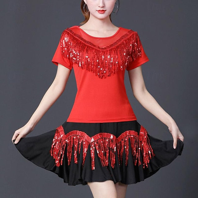 Latin Dance Ballroom Dance Top Tassel Pure Color Splicing