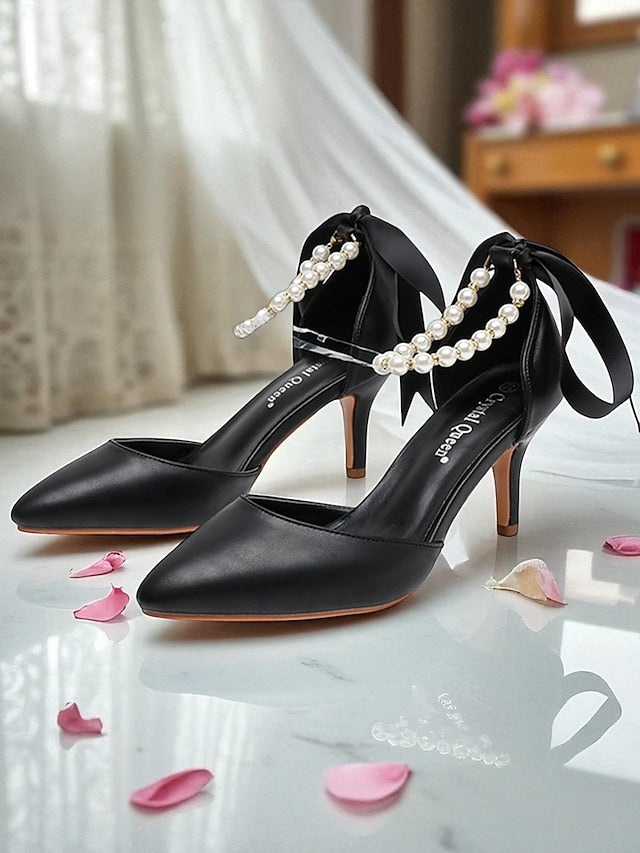 Kitten Pumps with Strap Women's - Pearl Ankle Bow Heel Blue