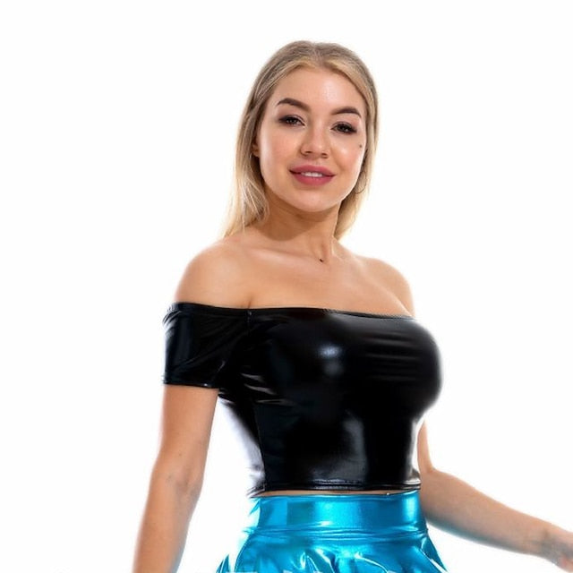 Metallic 1980s Shiny Latex Patent Crop Top PU Leather Off