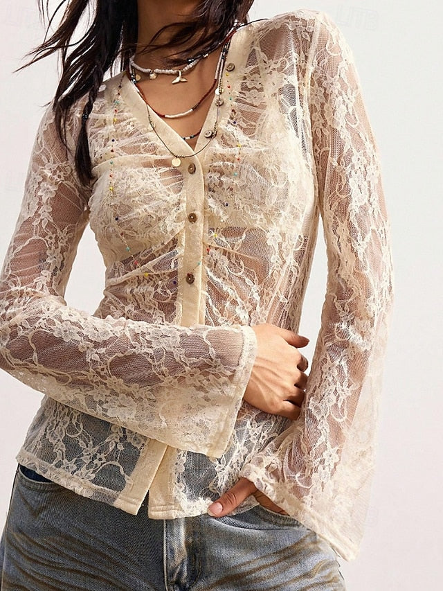 Women's Blouse Lace Buttons Plain Stylish Long Sleeve V