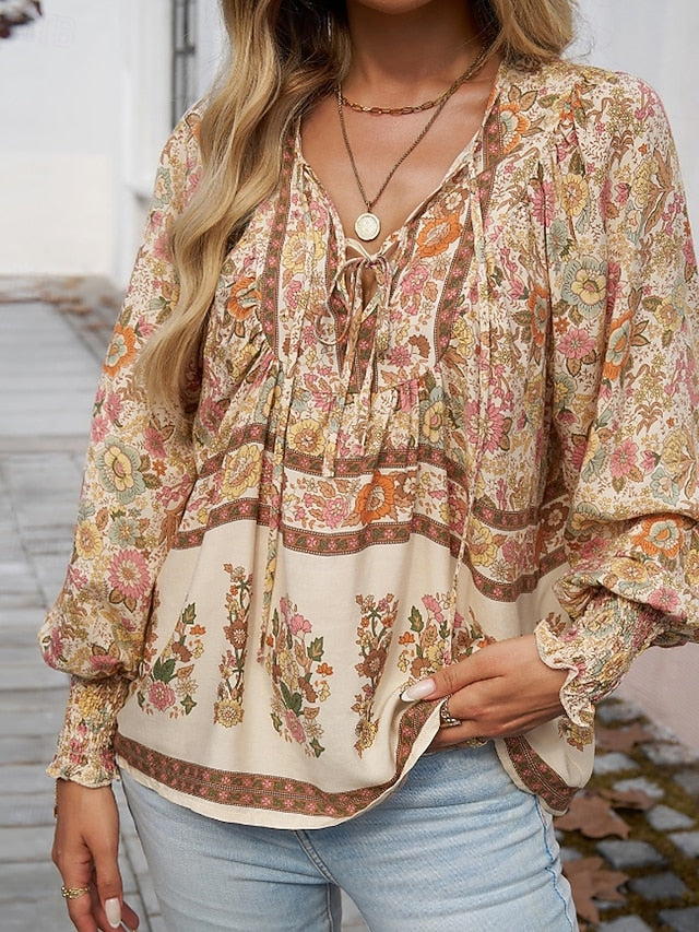 Women's Boho Shirt Blouse Print Flower Modern Boho Long
