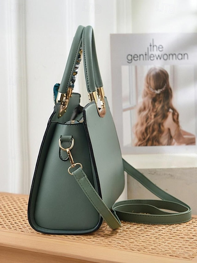 Women's Embroidered Faux Leather Handbag with Scarf Accent