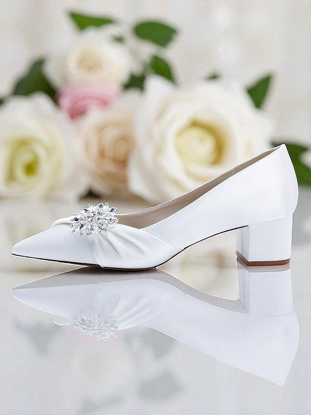 White Block with Women's Pumps Heel Low Crystal