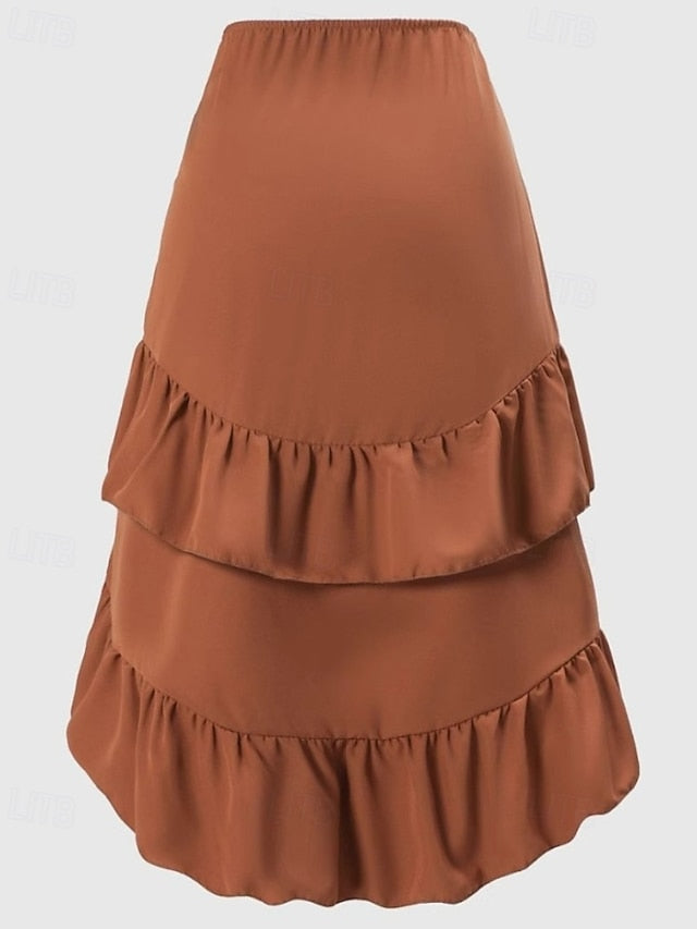 Women's Cute Casual Maxi Mid Rise Skirts Plain Ruffle Print