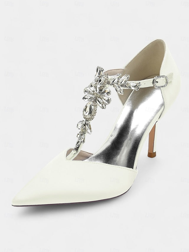 Women's – T-Strap Pointed Toe Satin Heels Blue Navy