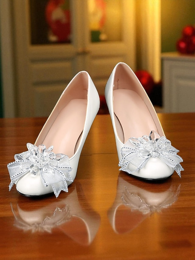 Shoes Crystal Low with Bow Wedding Women's White Heel