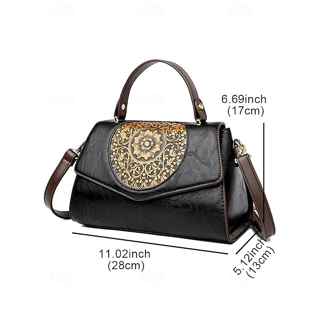 Floral – Faux Vintage Engraved Handbag Leather Women's