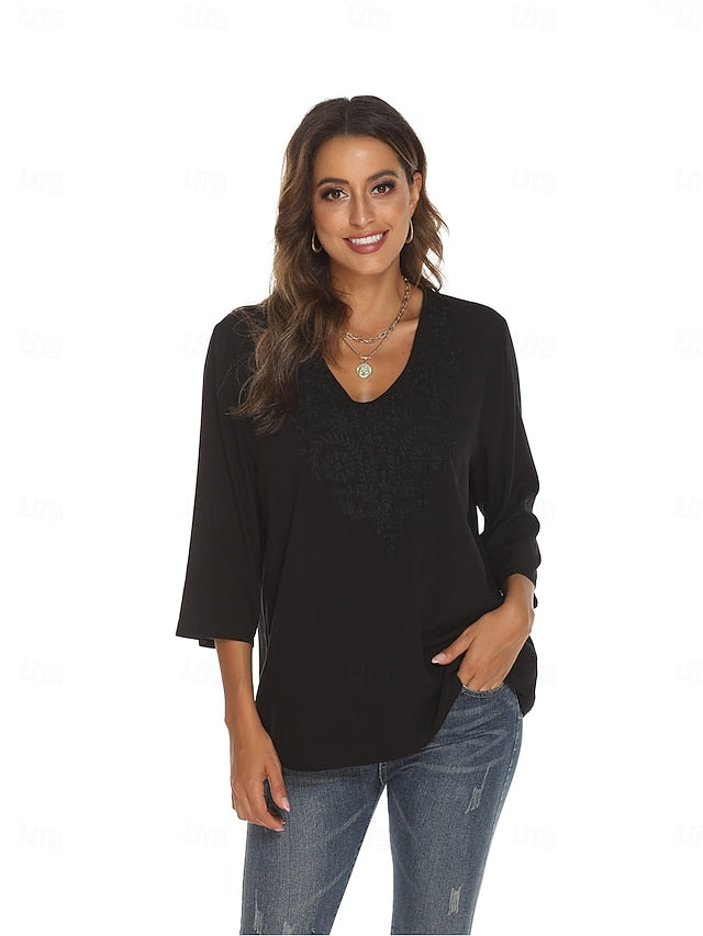 Women's Boho Shirt Embroidered Floral Bohemia Casual 3/4