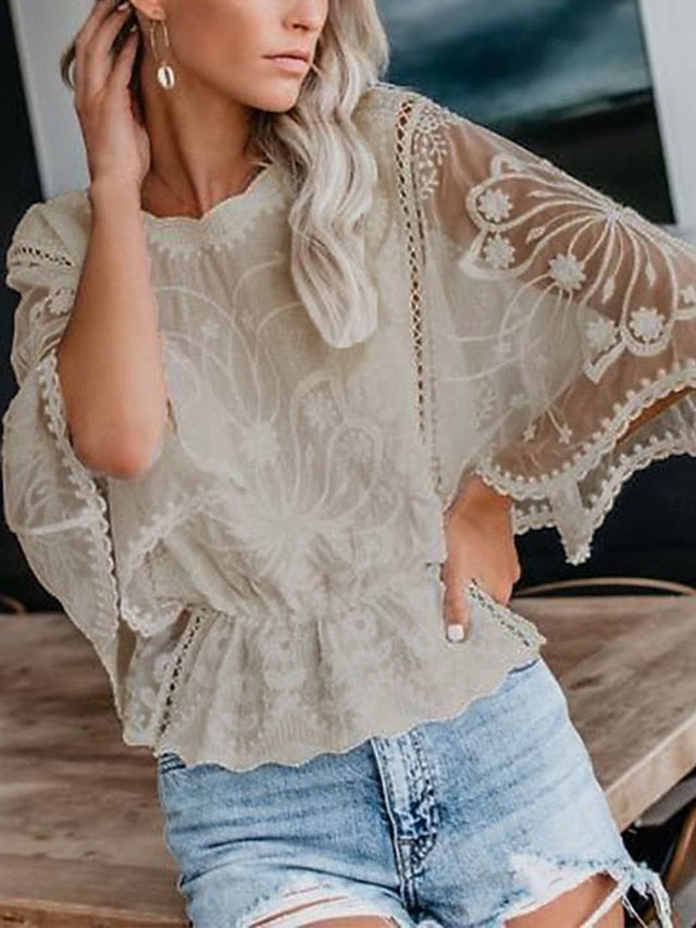 Women's Shirt Lace Shirt Lace Splicing Top Blouse Lace Lace