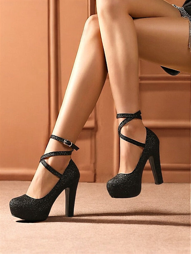 Women's Platform Strap Pink Glitter – with Ankle Heels