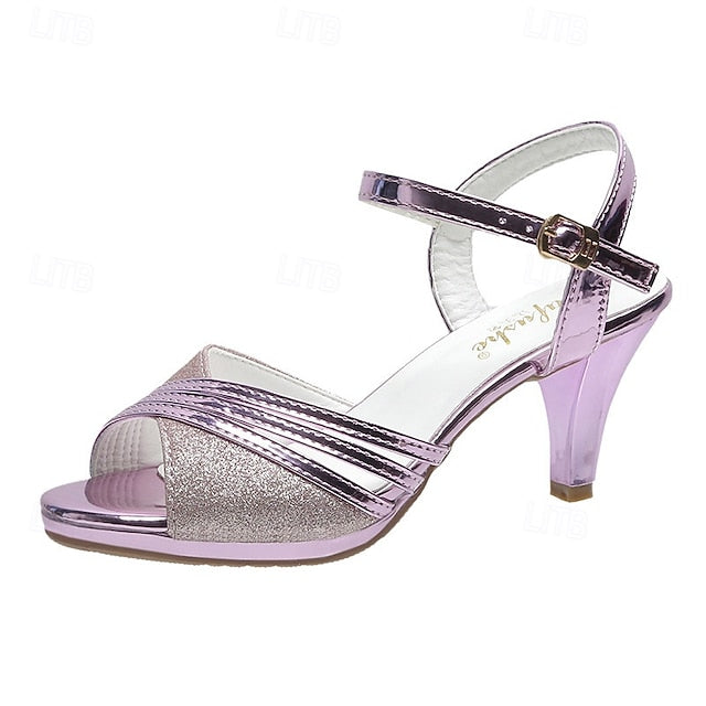 Sandals Silver - Heel Mid Women's Straps Glitter with