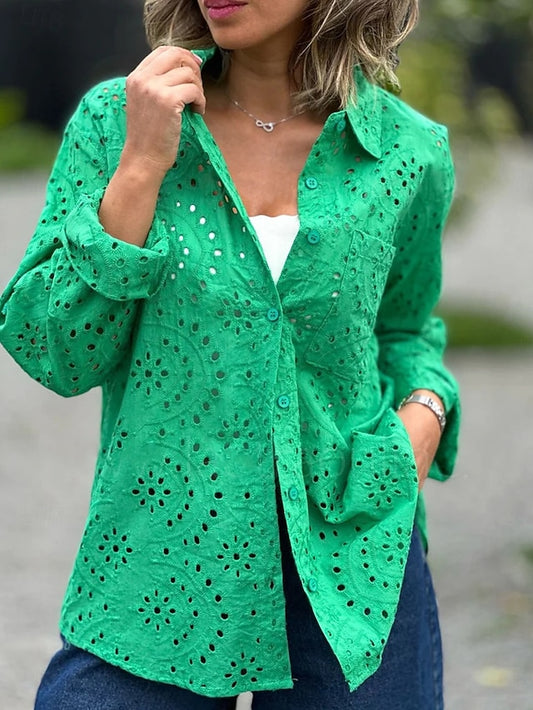 Women's Blouse Stylish Solid Color Hollow Out Long Sleeve
