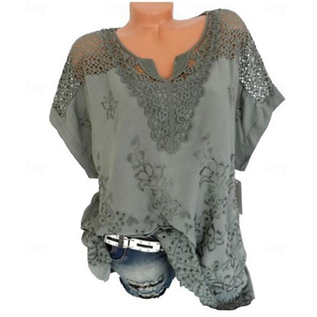 Women's White Bohemian Blouse Lace V-Neck Openwork