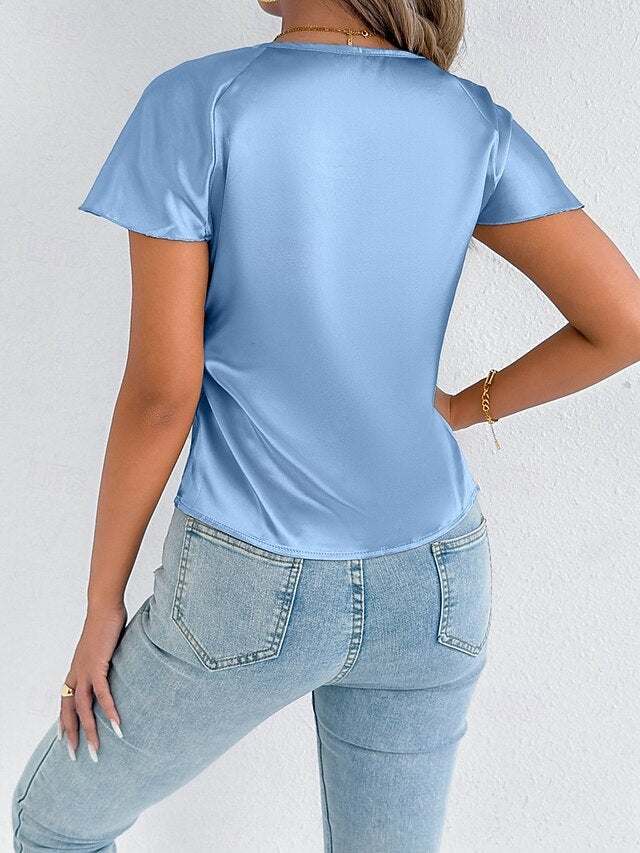 Women's Satin T Shirt Elegant Stylish Short Sleeve Ruffle