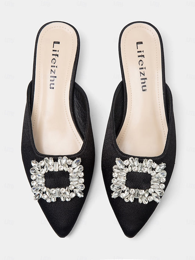 Black with Satin Rhinestone Mules Pointed-Toe Women's