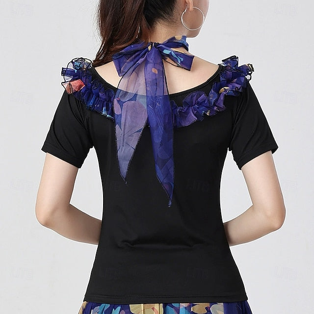 Latin Dance Top Printing Pure Color Splicing Women's