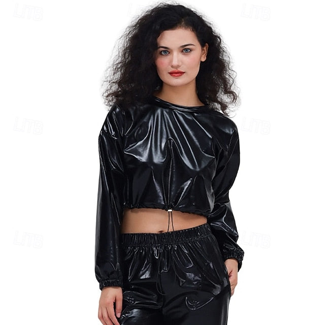 1980s Hip Hop Shiny Metallic Crop Top Sweatshirt Disco Fancy