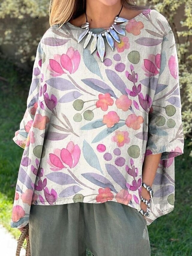 Women's Shirt Faux Cotton Linen Print Floral Daily Casual