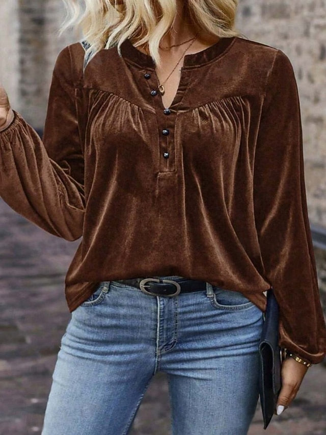 Women's Velvet Blouse Solid Color Elegant Stylish Basic