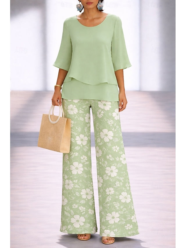 Women's Pants Sets Half Sleeve Butterfly Sleeve Round Neck