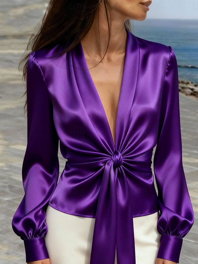 Women's Shirt Blouse Tie Front Plain Stylish Modern Casual