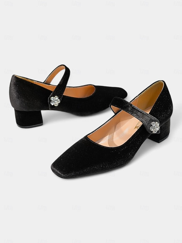 Green Women's Mary - Jane Block Toe Velvet Pumps Square