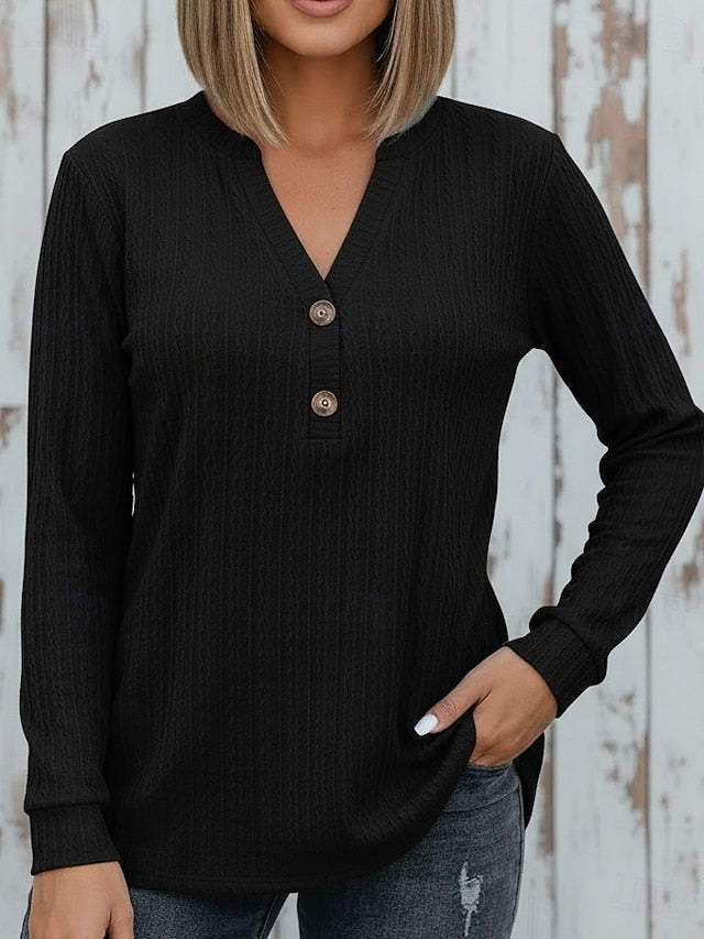 Women's T Shirt Tee Top Buttons Solid Color Elegant Fashion