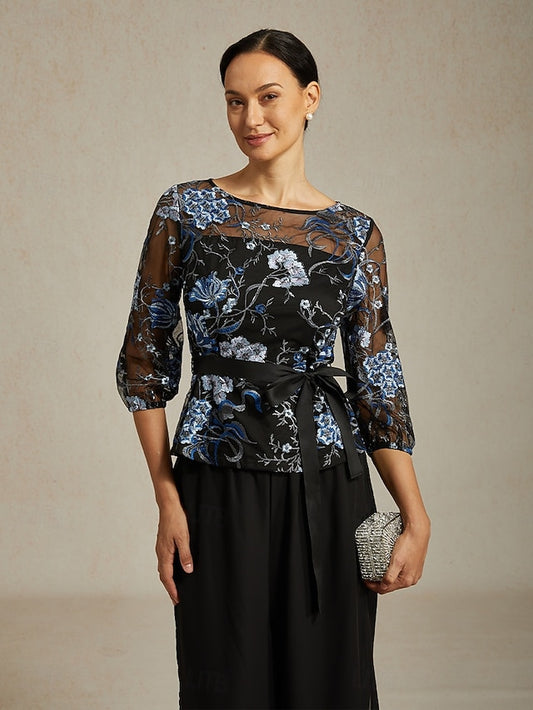 Women's Dressy Tops Embroidered Illusion Lace Elegant 3/4