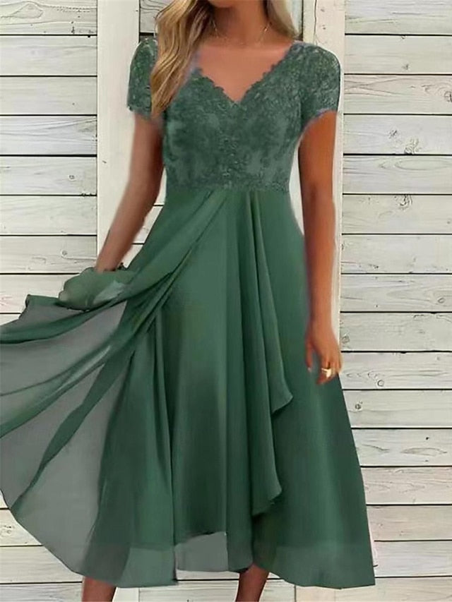 Women's Midi Dress V-neck Lace Detail Short Sleeve Chiffon